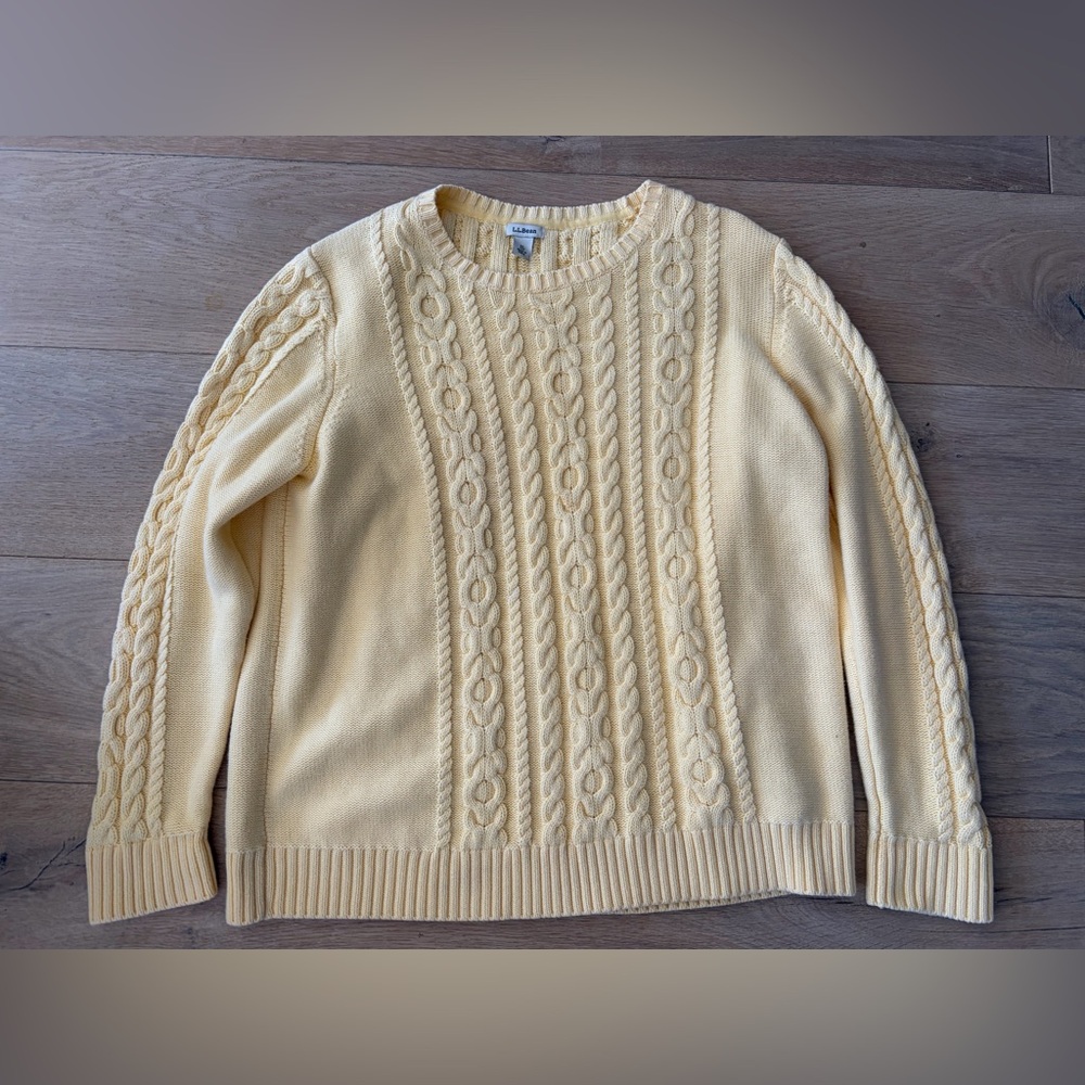 LL Bean 100% cotton cable knit pastel yellow spring sweater - size XL